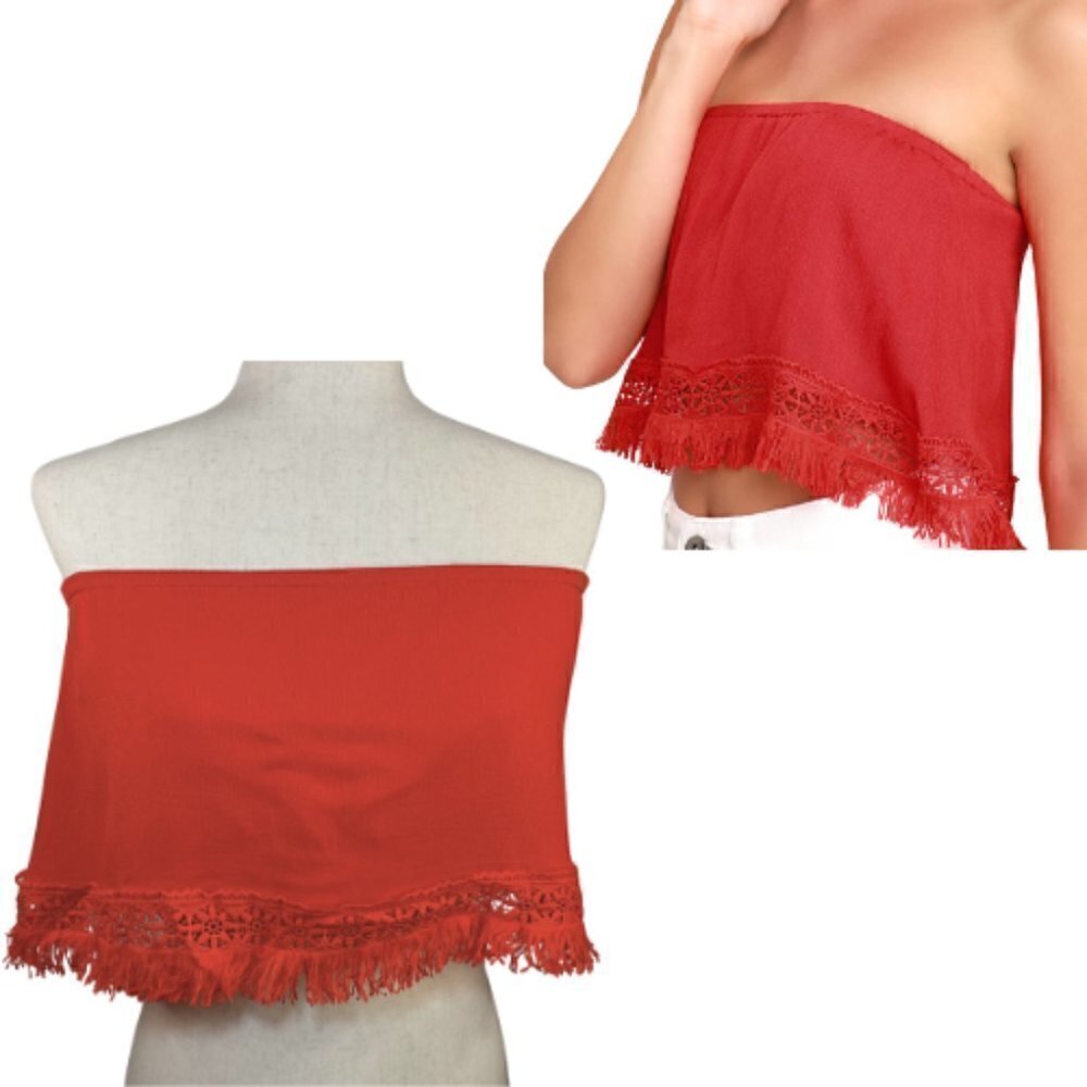 LULUS Californian Red Fringe Strapless Crop Top with Crochet Hem Size L